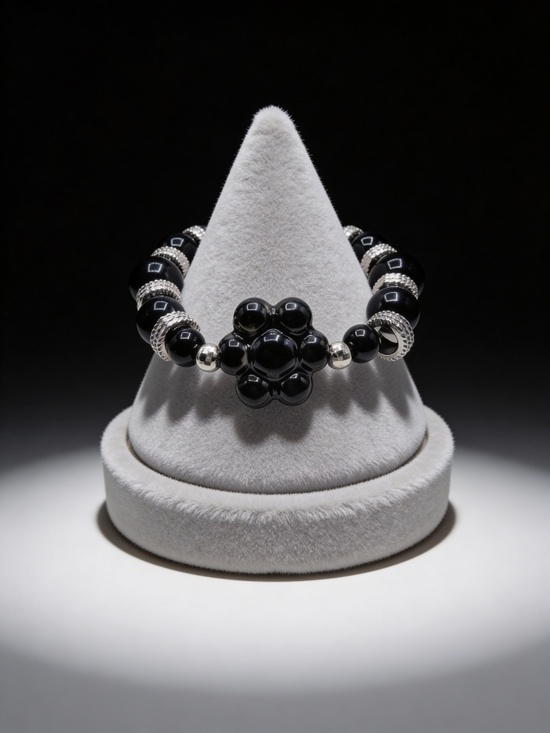 Jewelry - Black Beaded Stretch Bracelet with Floral Center & Silver Accent Rings